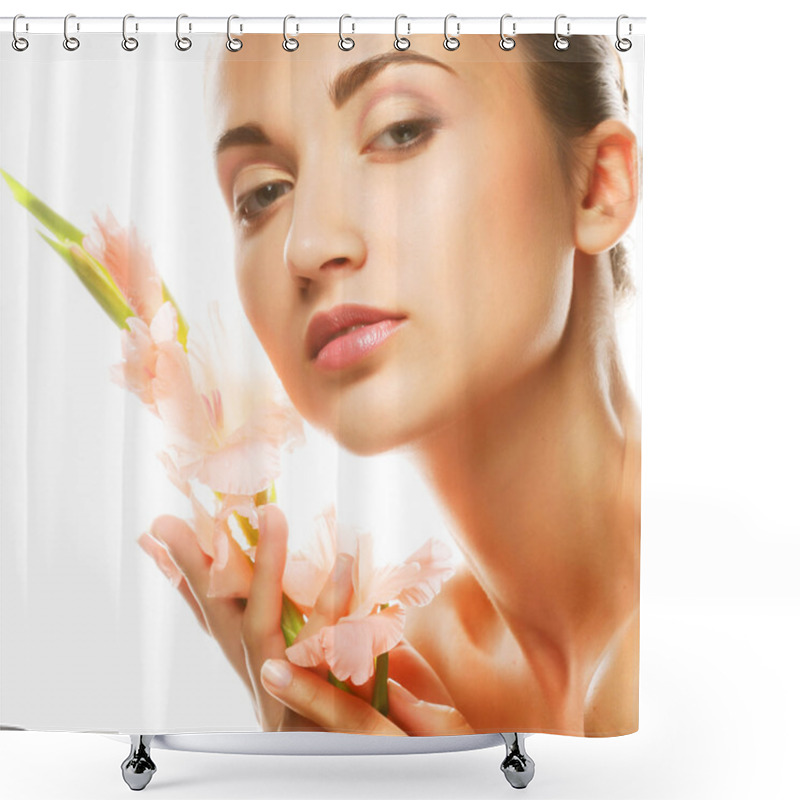 Personality  Fresh Face With Gladiolus Flowers In Her Hands Shower Curtains