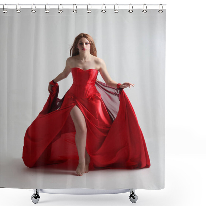 Personality  Full Length Portrait Of A  Girl Wearing A Long Red Silk Gown, Standing Pose On A Grey Studio Background. Shower Curtains