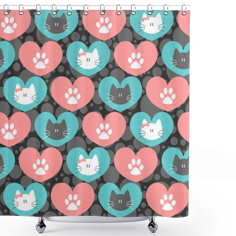 Personality  Romantic Seamless Pattern With Hearts And Kittens Shower Curtains