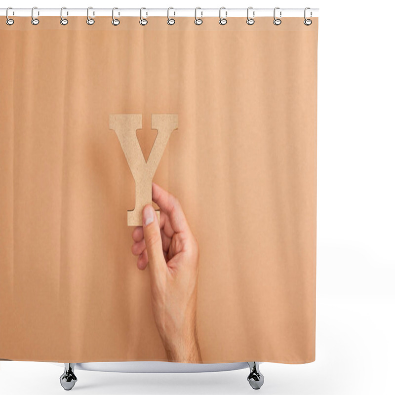 Personality  Cropped View Of Man Holding Paper Cut Letter Y On Beige Background Shower Curtains