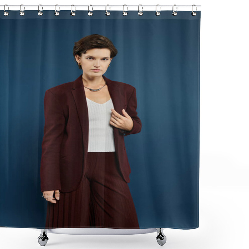 Personality  A Stunning Woman Adorned In Cozy Winter Attire Emanates Grace And Sophistication. Shower Curtains