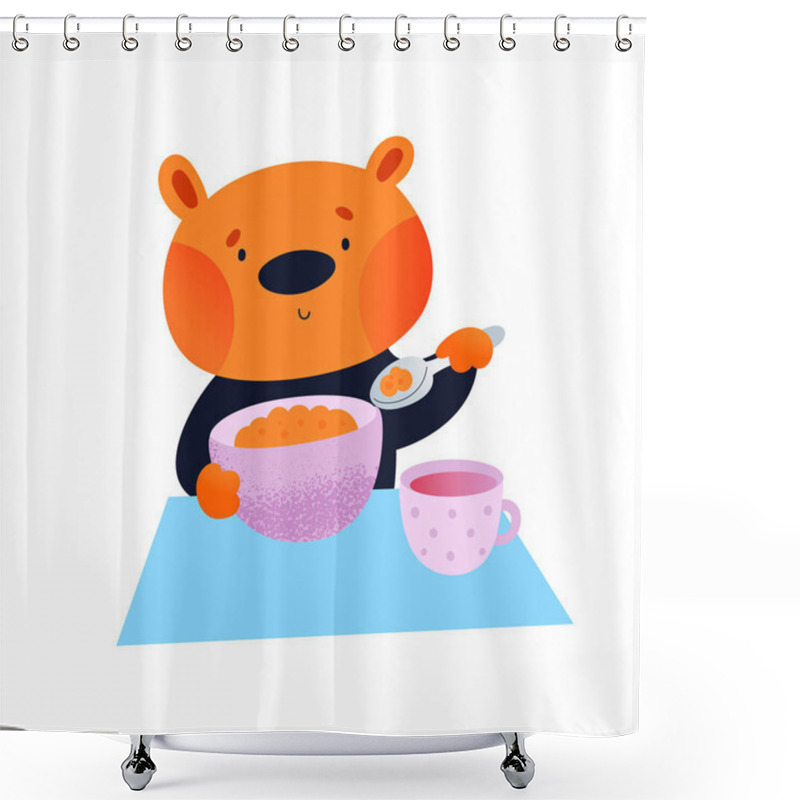 Personality  Cute Little Bear Eat His Breakfast. Adorable Kid With Food. Lovely Baby Animal With Plate And Cup. Childish Cartoon Vector Illustration In Flat Style. Good For Card, Poster, Print, Book, Decoration Shower Curtains