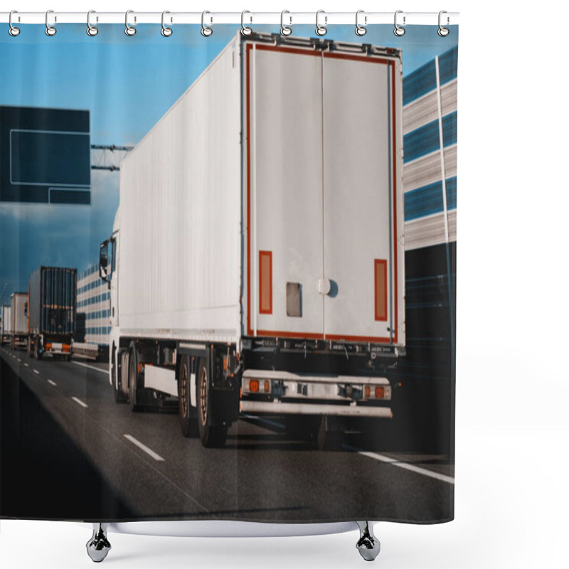 Personality  Modern White Semi-trailer Trucks On The Highway Driving In The Right Lane. Commercial Vehicle For Shipping And Post Delivery. Shipping Of The Goods On Land Door-to-door Shower Curtains