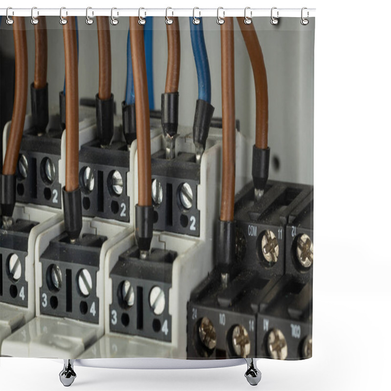 Personality  Close Up Of Electrical Terminal Blocks With Connected Wires Shower Curtains