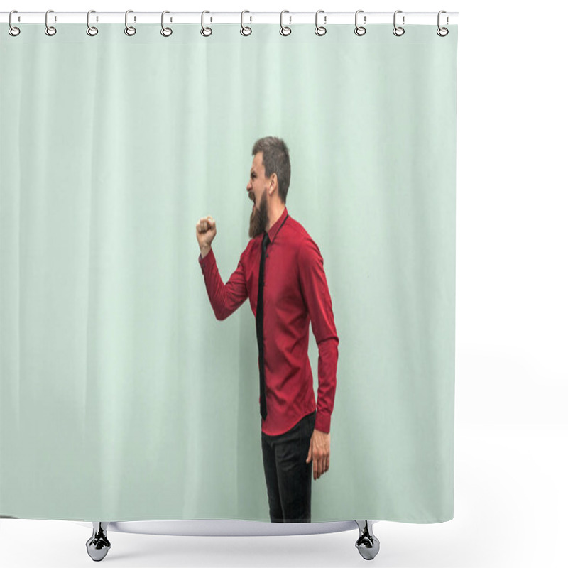 Personality  Shout Messege. Megaphone. Anger Bearded Businessman Shout. Shower Curtains