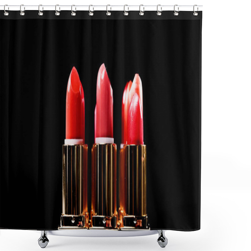 Personality  Shades Of Different Lipsticks Isolated On Black Shower Curtains