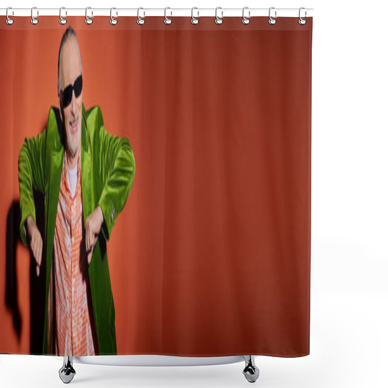 Personality  Cheerful Elderly Man In Dark Sunglasses, Green Velour Blazer And Trendy Shirt Dancing And Having Fun On Red And Orange Background With Shadow, Vibrant Personality, Banner With Copy Space Shower Curtains