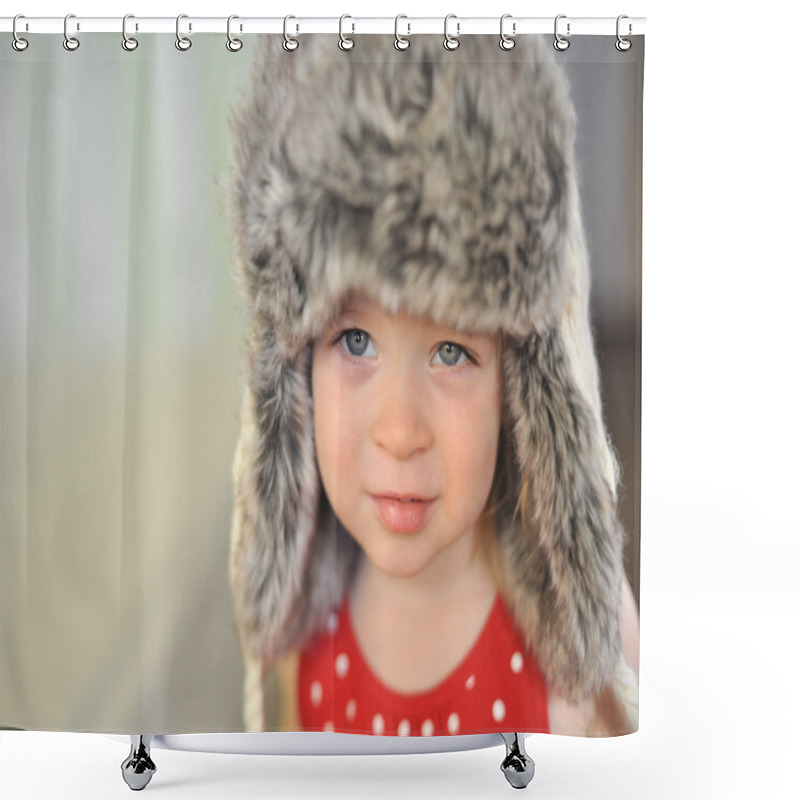 Personality  Baby Girl With Big Blue Eyes Wearing A Huge Winter Hat Shower Curtains