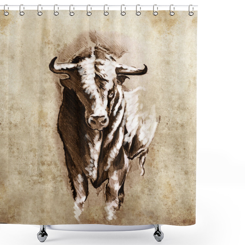 Personality  Sketch Of Tattoo Art, Spanish Bull, Dangerous Bull With Beaked H Shower Curtains