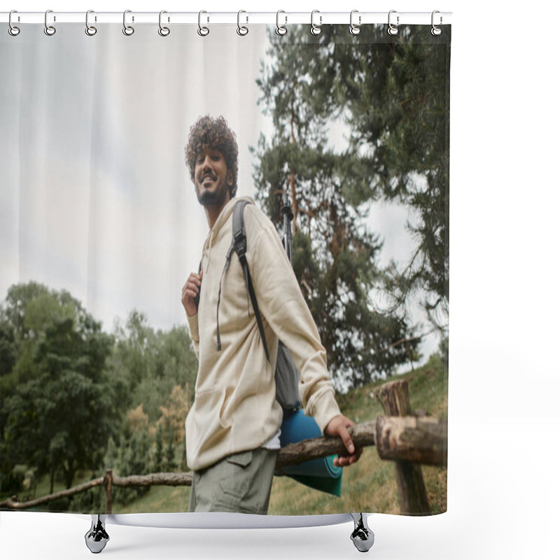 Personality  Low Angle View Of Cheerful Indian Tourist With Backpack Looking At Camera Near Wooden Fence Shower Curtains