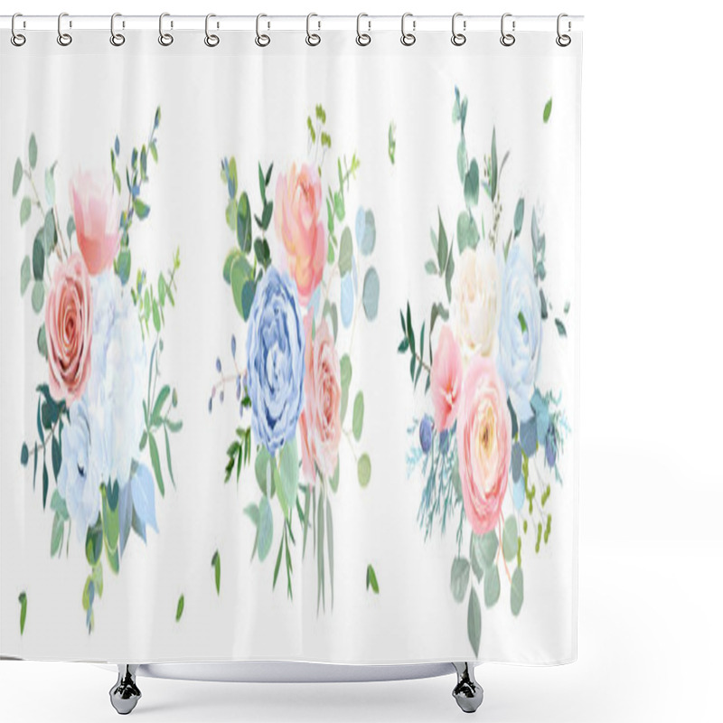 Personality  Dusty Blue, Peachy Blush Rose, White Hydrangea, Ranunculus, Wedding Flowers, Greenery And Eucalyptus Shower Curtains