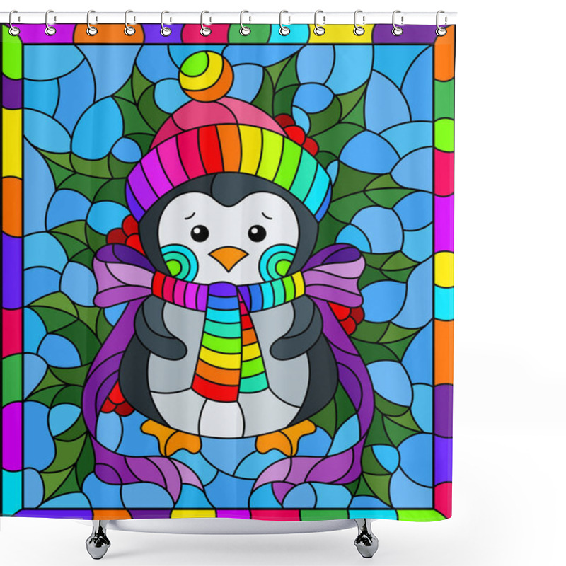 Personality  Illustration In Stained Glass Style On The Theme Of The Winter Holidays Of Christmas And New Year, A Toy Penguin On The Background Of Holly Branches Shower Curtains