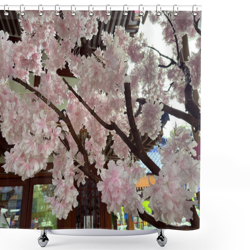 Personality  Close Up Photo Of White Pink Sakura Flowers From The Tree Branch. Sakura Or Cherry Blossom Is Often Related To Japan And Korea Blooms Around Spring Season. Shower Curtains