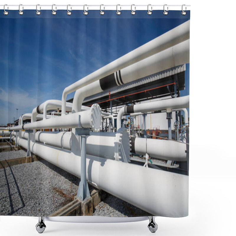 Personality  Steel Long Pipes And Pipe Elbow In Station Oil Factory During Refinery Petrochemistry Industry In Gas Site Distillery. Shower Curtains