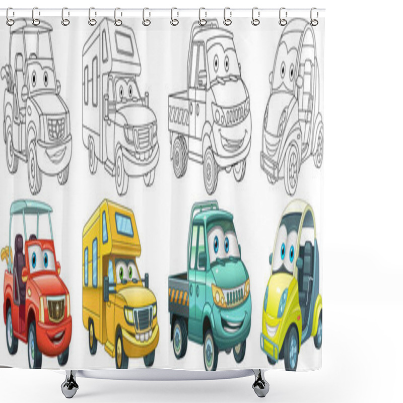 Personality  Coloring Pages. Golf And Micro Cars, Recreational Vehicle, Van. Cartoon Clipart Set For Activity Coloring Book, T Shirt Print, Icon, Logo, Label, Patch Or Sticker. Vector Illustration. Shower Curtains