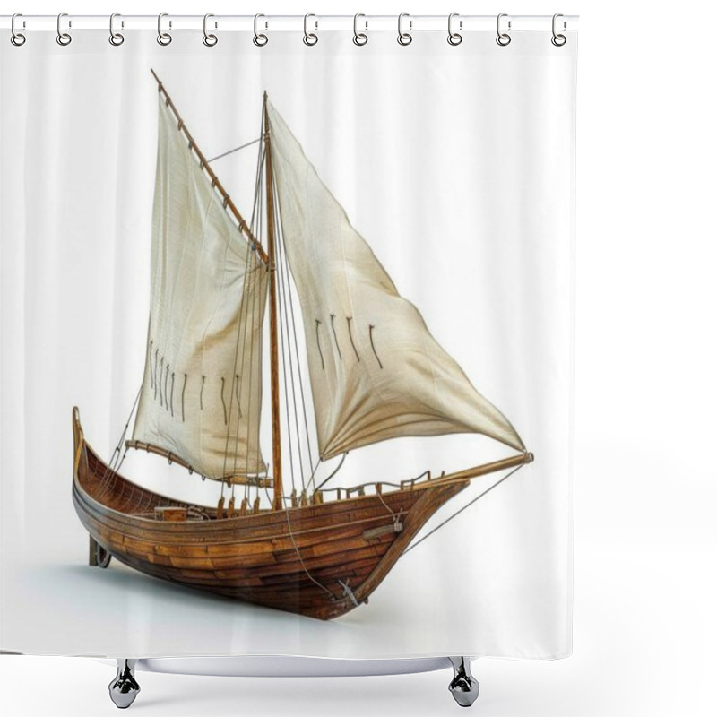 Personality  A Beautifully Crafted Wooden Sailboat Model With White Sails, Showcasing Intricate Details And Craftsmanship. Shower Curtains