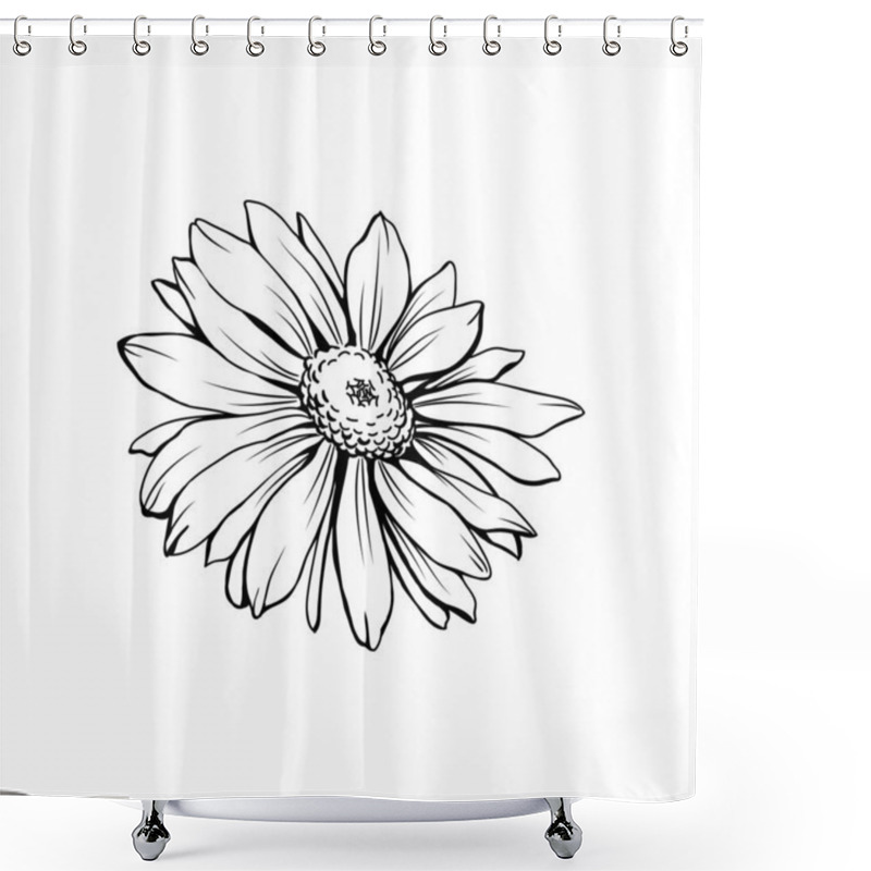 Personality  Daisy Flower With Bud Freehand Vector Illustration. German Chamomile, Matricaria Chamomilla Monochrome Outline. Honey Plant, Wild Flower Engraving. Homeopathic Herb, Wildflower With Name Drawing Shower Curtains