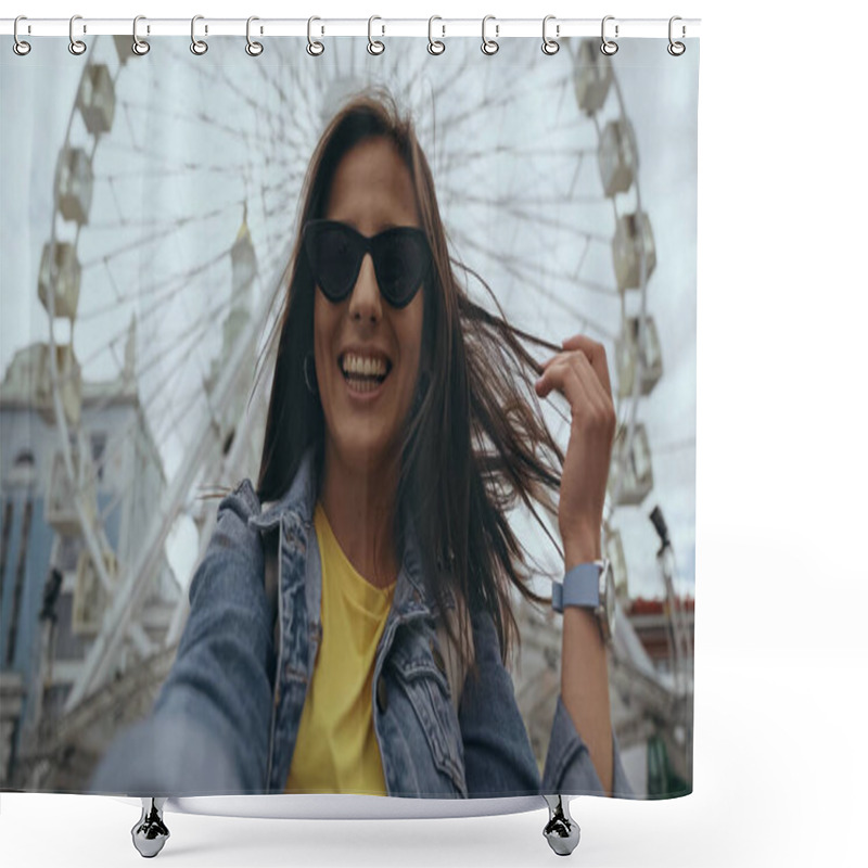 Personality  Low Angle View Of Cheerful Woman In Sunglasses Standing On Urban Street  Shower Curtains