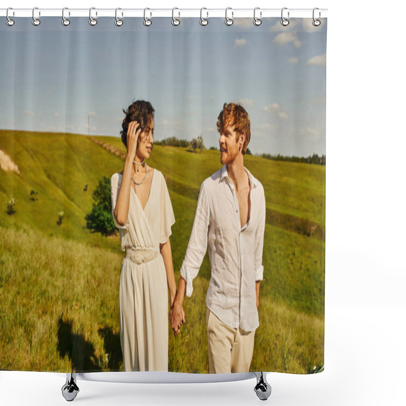 Personality  Just Married Interracial Couple Holding Hands And Smiling At Each Other On Meadow, Love And Serenity Shower Curtains