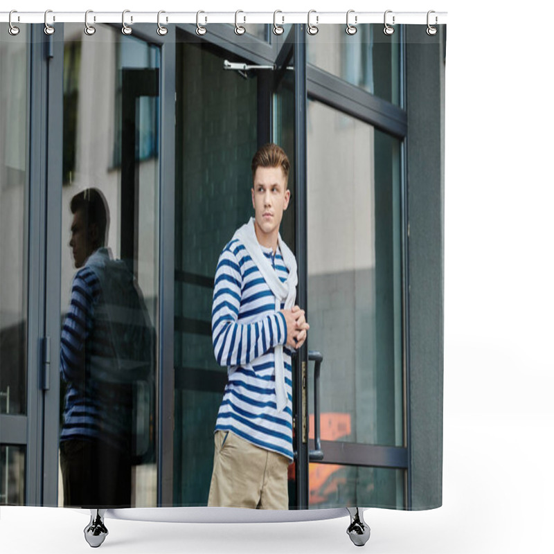 Personality  A Young Man Wearing A Striped Sweater And Khakis Gazes Pensively Outside A Glass Door. Shower Curtains