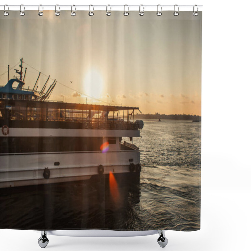 Personality  Boat On Water With Sun In Sky During Sunset At Background, Istanbul, Turkey  Shower Curtains