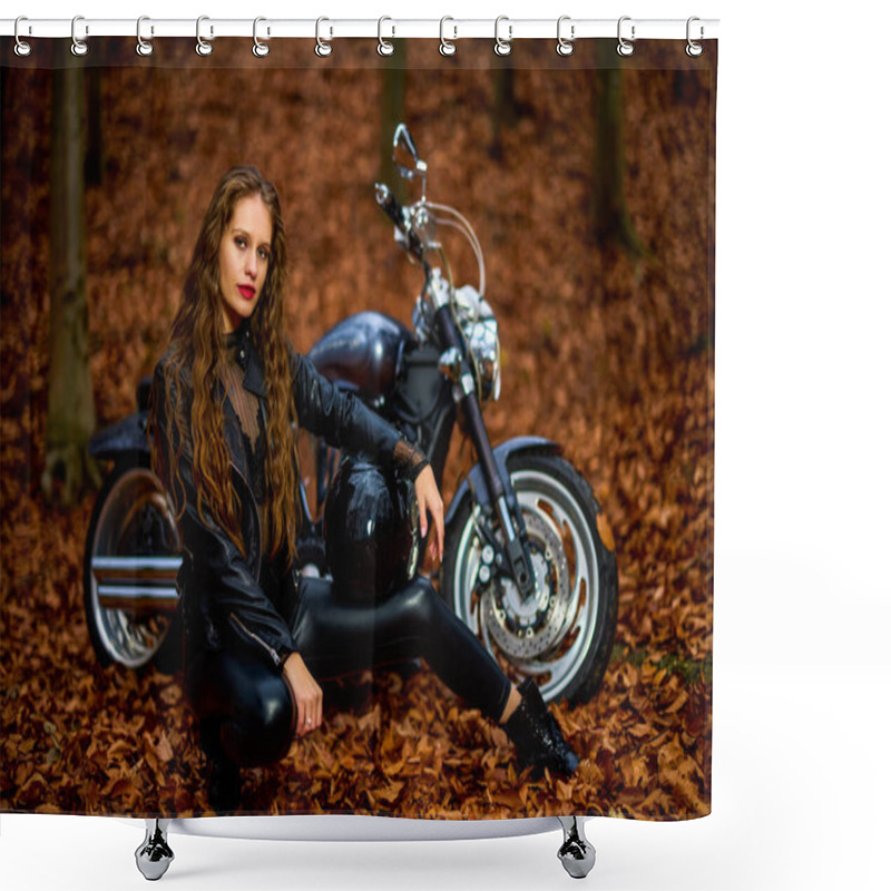 Personality  A Beautiful Woman With Long Hair On A Chopper Motorcycle In Autumn Landscape. Shower Curtains