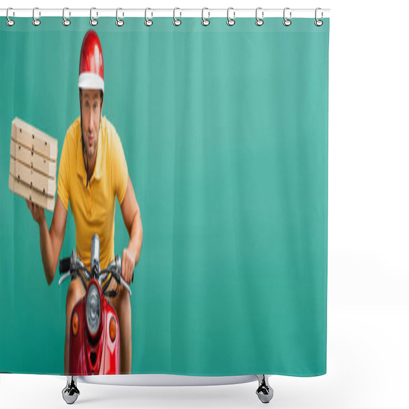 Personality  Focused Delivery Man In Helmet Riding Scooter While Holding Pizza Boxes On Blue, Banner Shower Curtains