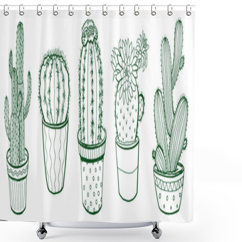 Personality  Ink Illustration. Cartoon Cactuses. Hand Drawn Succulent. Isolated On White Background Shower Curtains