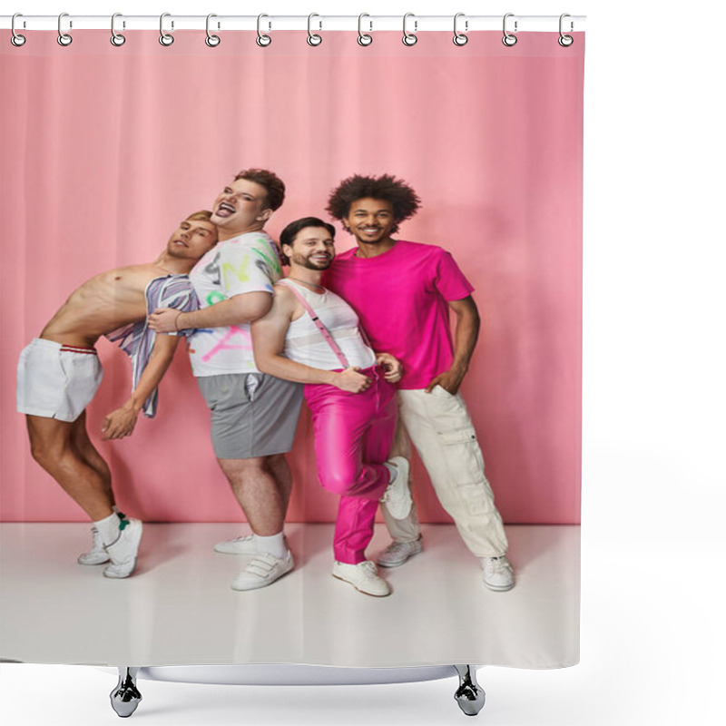 Personality  Four Friends In Vibrant Outfits Pose Joyfully Against A Pink Backdrop, Celebrating Camaraderie. Shower Curtains