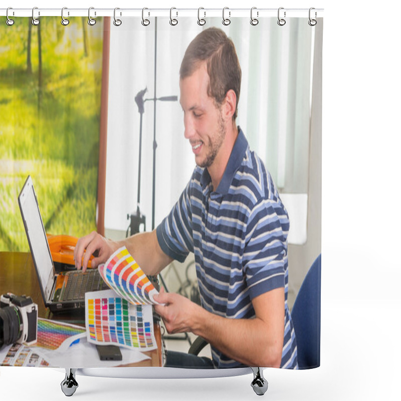 Personality  Man Wearing Blue White Striped T-shirt Sitting By Work Desk Looking At Pantone Palette, Colormap Shower Curtains