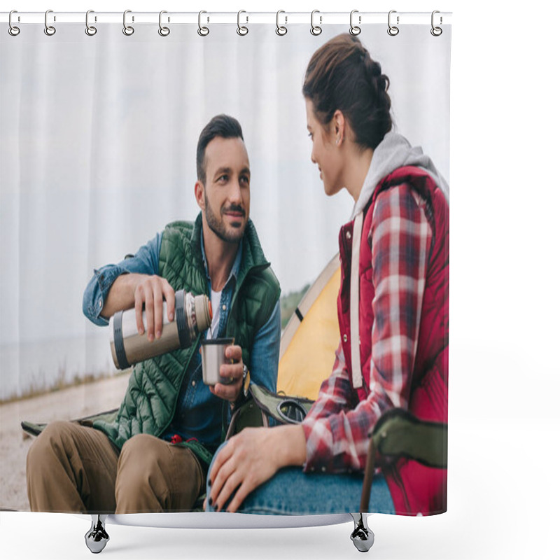 Personality  Couple Drinking Hot Tea During Camping Shower Curtains