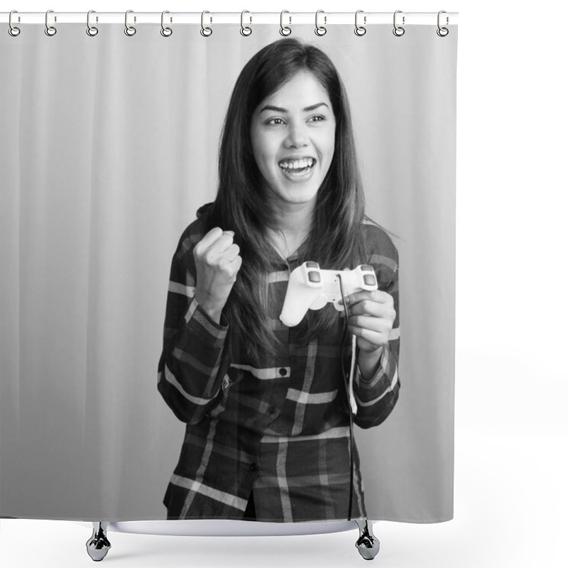 Personality  Young Beautiful Indian Woman Wearing Checked Shirt Against Gray Background Shower Curtains