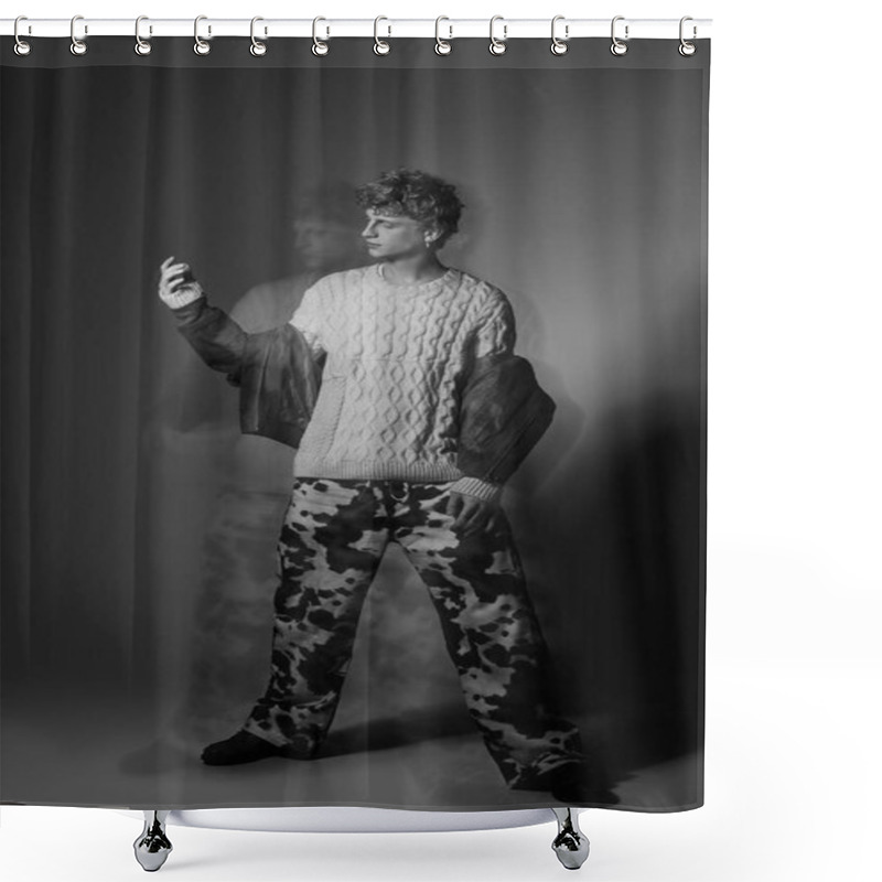 Personality  Fashion Forward Individual Displays A Blend Of Cozy And Contemporary Styles. The Festive Outfit Features A Knitted Sweater Paired With Vibrant Camo Pants, Embodying Holiday Spirit With Flair. Shower Curtains