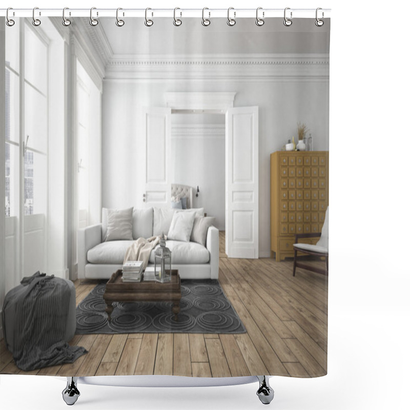 Personality   Modern Living Room. 3d Rendering Shower Curtains