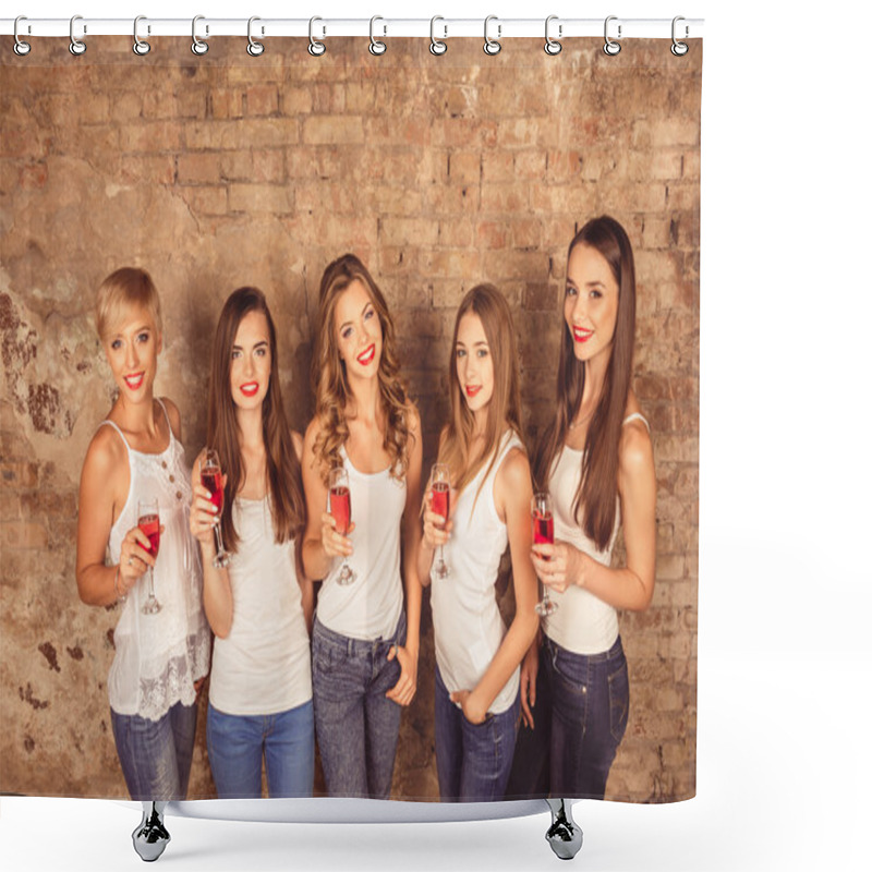 Personality  Cute Young Women Wearing Dress Code Celebrating With Sparkling W Shower Curtains