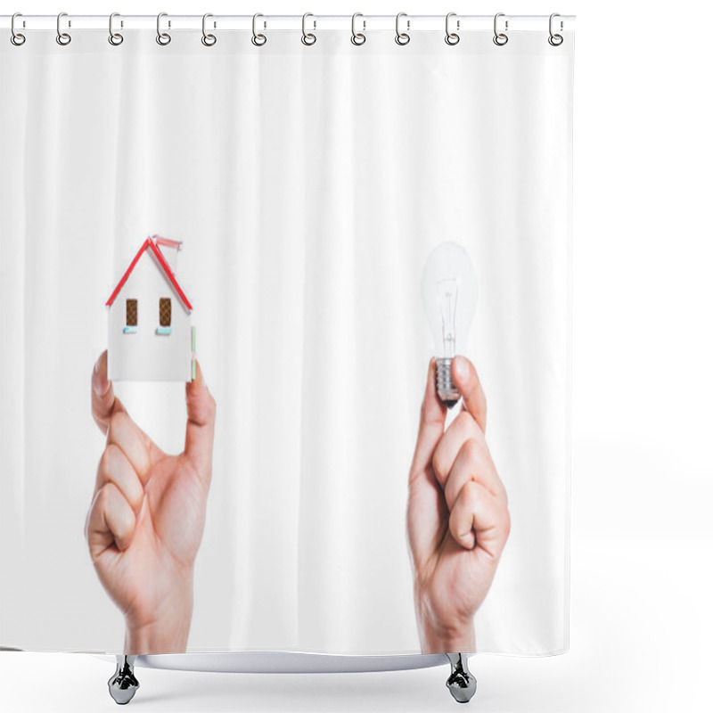 Personality  Cropped View Of Male Hands Holding House Model And Led Lamp In Hands Isolated On White, Energy Efficiency At Home Concept Shower Curtains