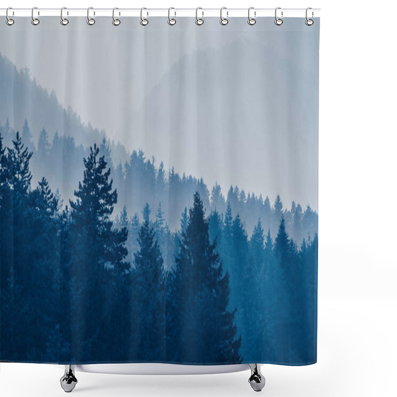 Personality  Foggy Autumn Forest Valley, Mystical Valley Background. Pine Tre Shower Curtains