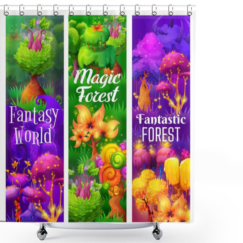 Personality  Fantastic And Fairy Magic Trees And Plants, Fairytale Forest. Cartoon Vector Banners With Funny Mushrooms In Fantasy Forest. Vertical Cards Or Bookmarks With Strange Glow Fungi, Odd Alien Plants Shower Curtains