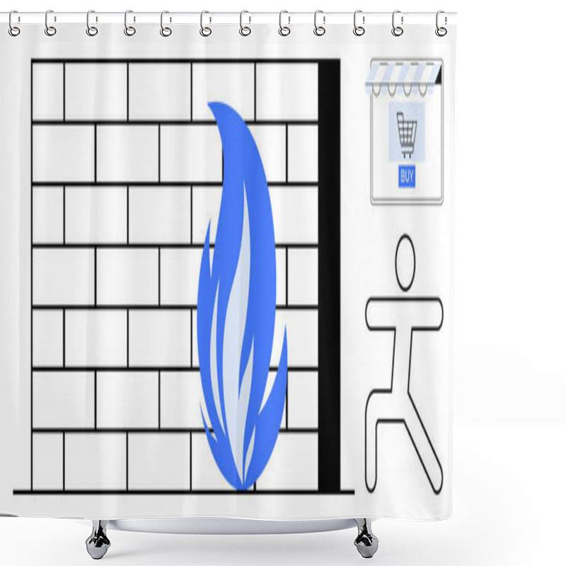 Personality  Shopping Cart Icon Near Brick Firewall With A Blue Flame, And Running Figure Sign. Ideal For Online Security, Ecommerce Safety, Data Protection, Cyber Threats, Secure Transactions, Internet Safety Shower Curtains