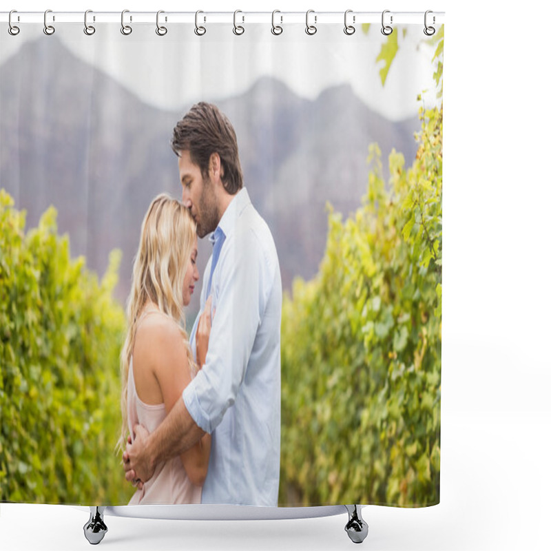 Personality  Young Happy Man Kissing Woman On The Forehead Shower Curtains