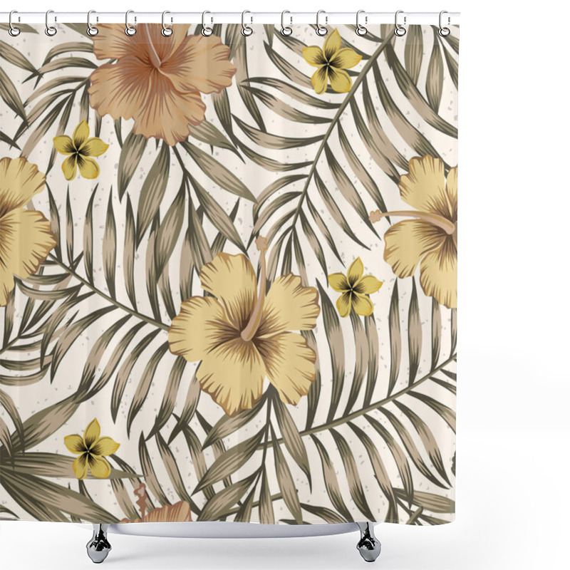 Personality  Brown Tropical Palm Leaves And Trendy Golden Hibiscus Flowers On The Beige Background. Realistic Vector Seamless Pattern Botanical Composition Shower Curtains