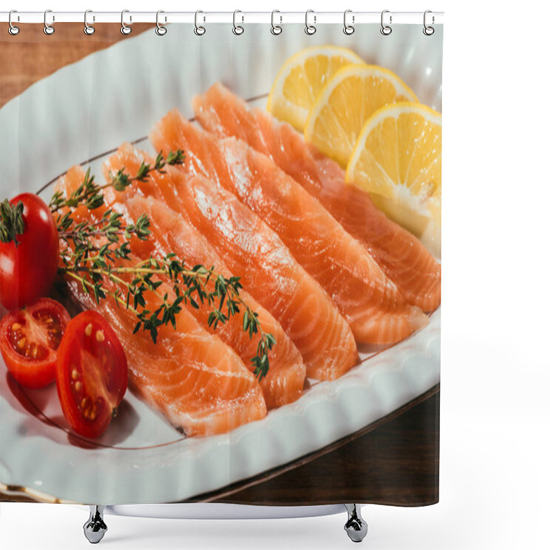 Personality  Close-up View Of Salmon Fish Pieces With Lemon, Herbs And Tomatoes On White Plate  Shower Curtains