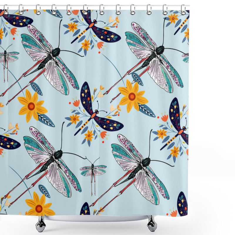 Personality  Vibrant Insect And Flower Design With Blue Background. Locust Top View. Colorful Dragonflies With Yellow Floral Shower Curtains