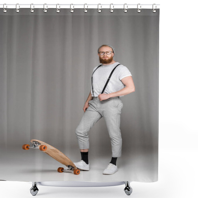 Personality  Stylish Bearded Man In Suspenders Standing With Skateboard And Looking At Camera On Grey Shower Curtains