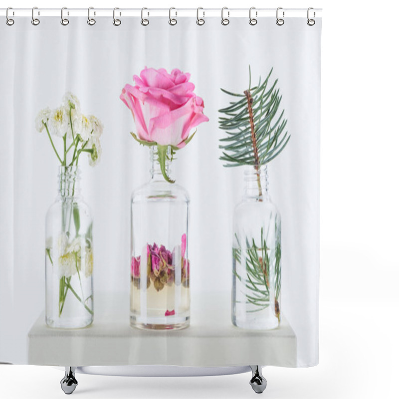 Personality  Transparent Bottles Of Natural Herbal Essential Oils With Chamomile Flowers, Roses And Fir Twig On White Cube Shower Curtains