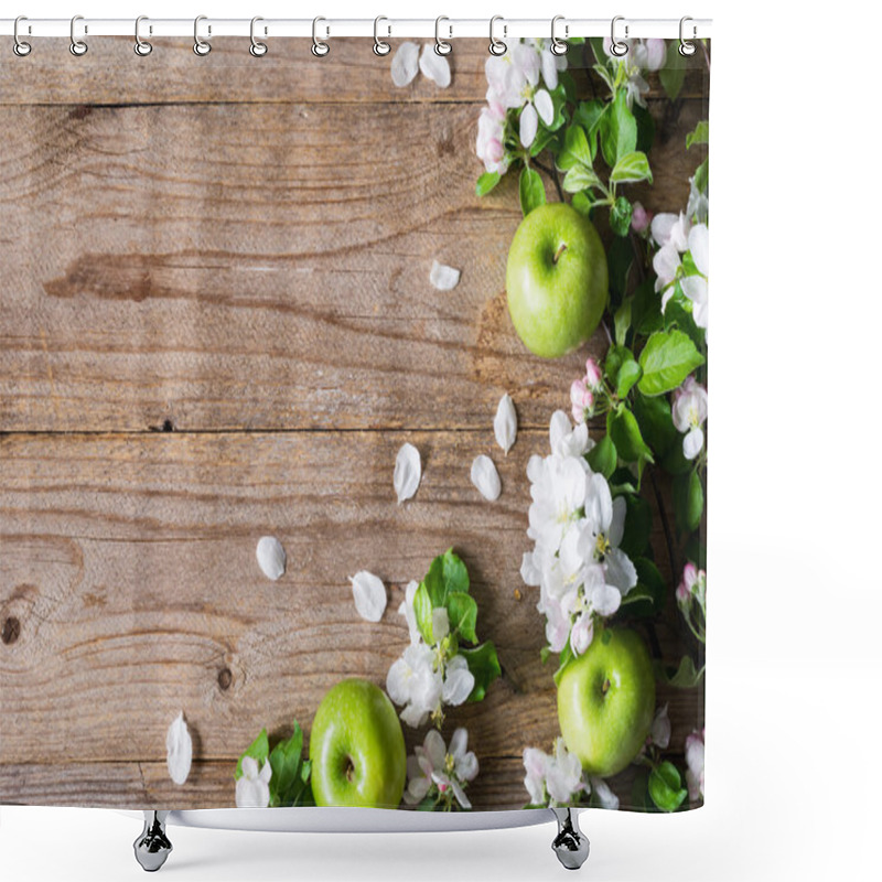 Personality  Summer Post Card. Blossoms, Green Apples And Flowers On Wooden Backdrop Shower Curtains