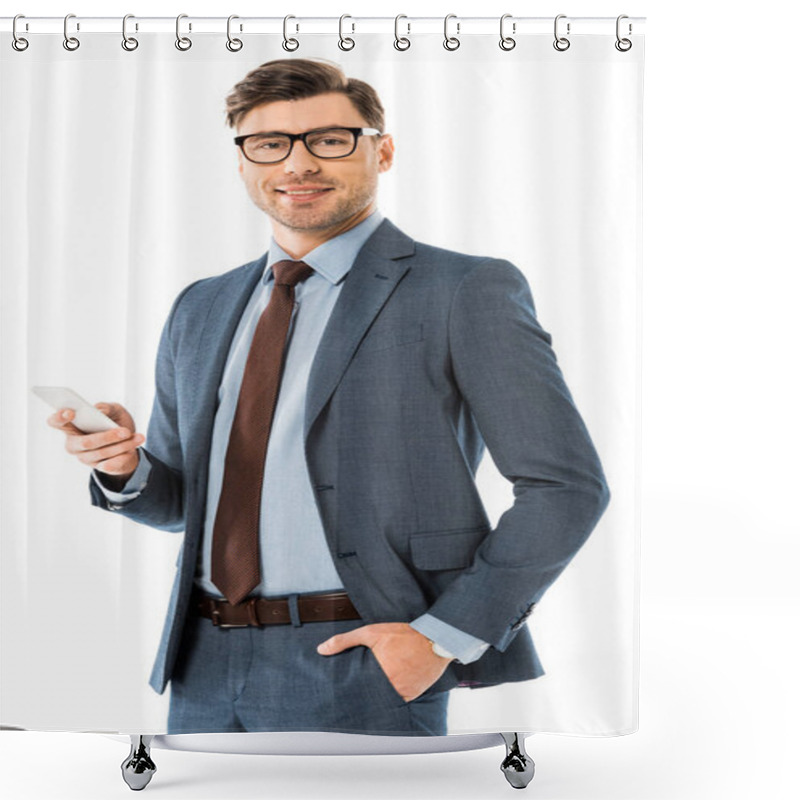 Personality  Adult Businessman Using Smartphone Isolated On White Shower Curtains