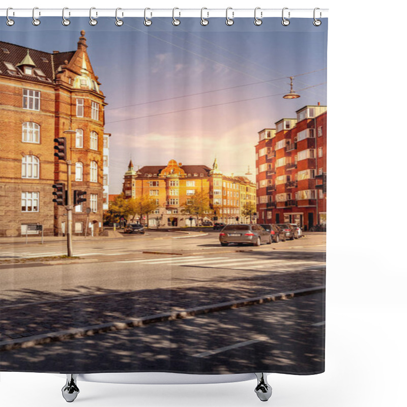 Personality  COPENHAGEN, DENMARK - MAY 6, 2018: Cityscape With Buildings, Street And Cars  Shower Curtains