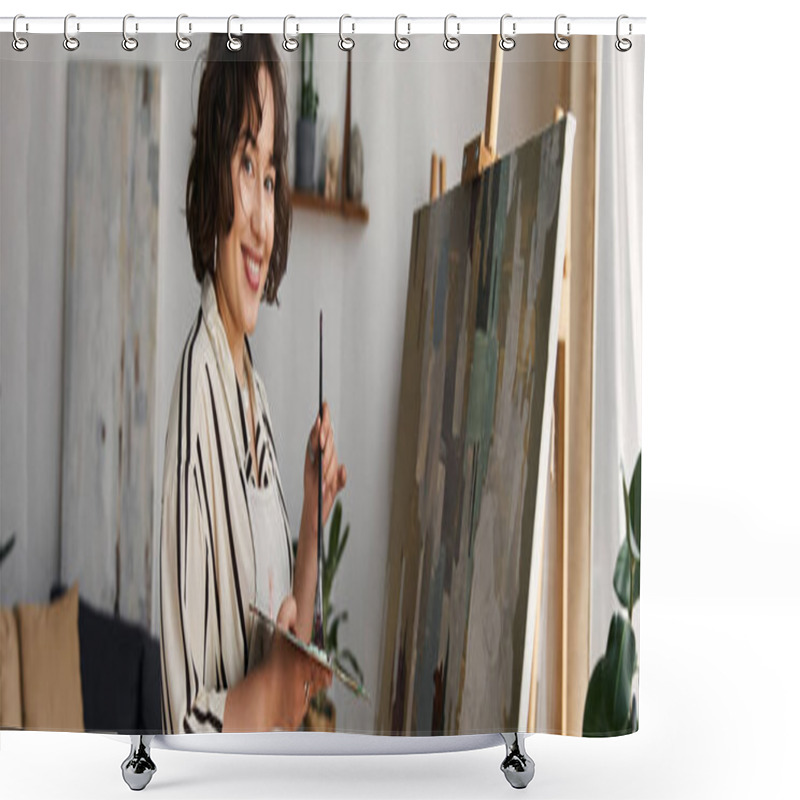 Personality  A Young Woman With Curly Hair Paints On An Easel, Expressing Her Creativity In A Bright Apartment, Banner Shower Curtains