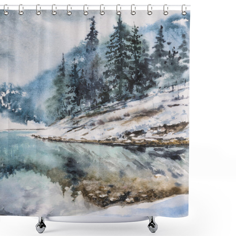 Personality  Winter Landscape With Mountain Lake Shower Curtains